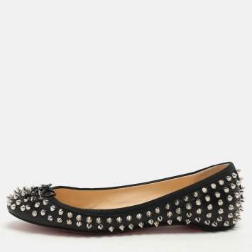 Pre Owned Christian Louboutin Black Leather Sonietta Spikes Bow Ballet Flats 38.5