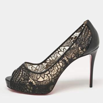 Pre Owned Christian Louboutin Black Lace and Leather Very Lace Pumps Size 36