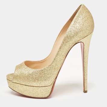 Pre Owned Christian Louboutin Gold Glitter Lady Peep Pumps Size 38