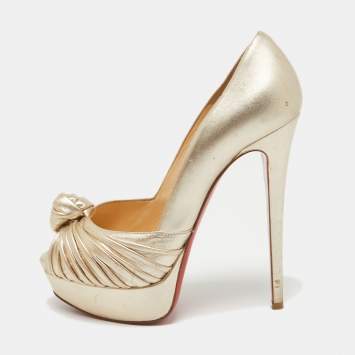 Pre Owned Christian Louboutin Gold Leather Jenny Peep Toe Pumps Size 38