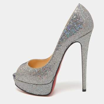 Pre Owned Christian Louboutin Metallic Glitter Lady Peep Peep Toe Pumps Size 37.5