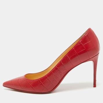 Pre Owned Christian Louboutin Red Croc Embossed Leather Pigalle Spikes Pumps Size 37.5
