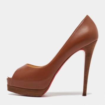 Pre Owned Christian Louboutin Brown Leather Peep Toe Platform Pumps Size 40.5