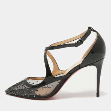 Pre Owned Christian Louboutin Black Patent and Mesh Strass Twistissima Pumps Size 38