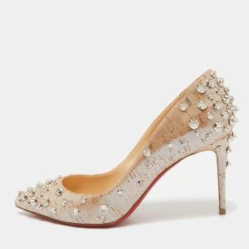 Pre Owned Christian Louboutin Beige Cork Print Fabric Aimantaclou Pumps Size 38