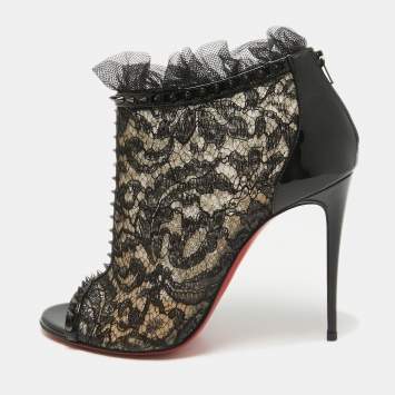 Pre Owned Christian Louboutin Black Lace and Patent Leather Juliettra Booties Size 38