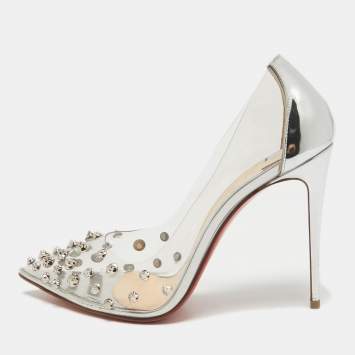 Pre Owned Christian Louboutin Silver PVC and Leather Collaclou Spikes Pumps Size 38