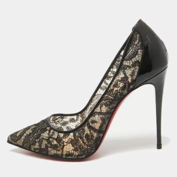 Pre Owned Christian Louboutin Black Mesh and Patent Leather Follies Lace Pumps Size 38.5
