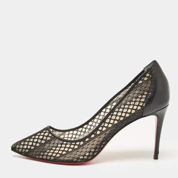 Pre Owned Christian Louboutin Black Lace and Leather Follies Lace Pumps Size 38.5