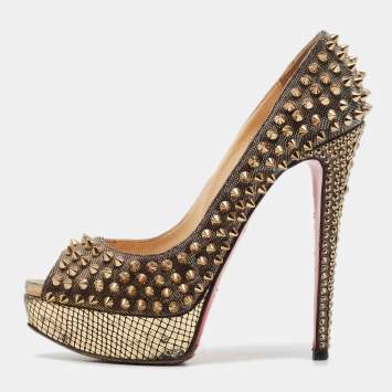 Pre Owned Christian Louboutin Metallic Gold Lurex Fabric Lady Peep Toe Spikes Platform Pumps Size 38.5