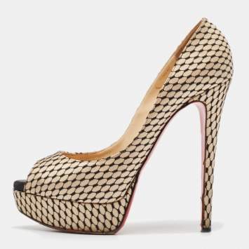Pre Owned Christian Louboutin Beige/Black Satin Lady Peep Toe Platform Pumps Size 38.5