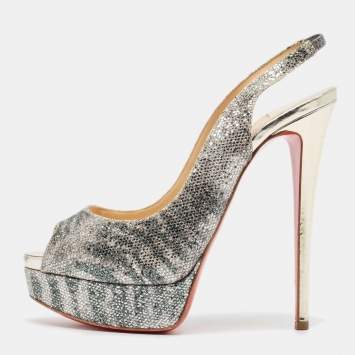 Pre Owned Christian Louboutin Silver Glitter Lady Peep Sling Pumps Size 38.5