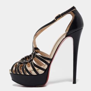 Pre Owned Christian Louboutin Black/Gold Leather Strappy Platform Sandals Size 36.5