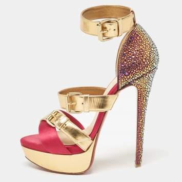Pre Owned Christian Louboutin Multicolor Leather and Satin Ambertina Ankle Strap Sandals Size 37