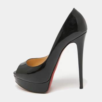 Pre Owned Christian Louboutin Black Patent Leather Lady Peep Peep Toe Pumps Size 37.5
