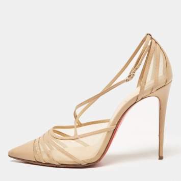 Pre Owned Christian Louboutin Beige Leather and Mesh Theodorella Pumps Size 41