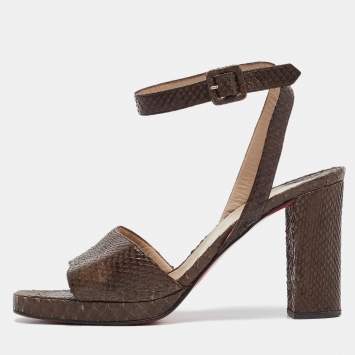 Pre Owned Christian Louboutin Brown Snakeskin Platform Ankle Strap Sandals Size 38.5