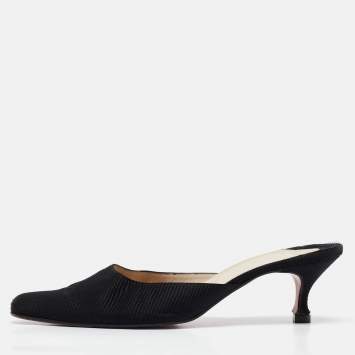 Pre Owned Christian Louboutin Black Fabric Square Toe Mules Size 37.5