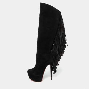 Pre Owned Christian Louboutin Black Suede Interlopa Fringe Detail Knee Length Platform Boots Size 36