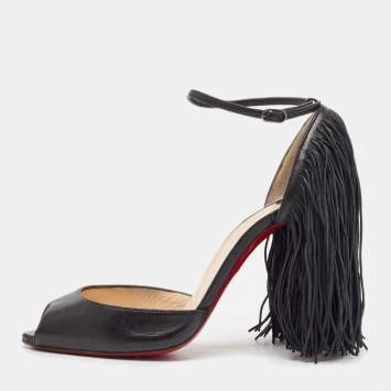 Pre Owned Christian Louboutin Black Leather Otrot Fringe Ankle-Strap Sandals Size 36.5