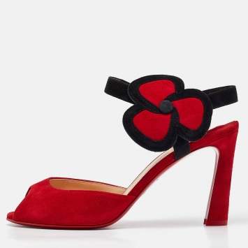 Pre Owned Christian Louboutin Red Suede Peep Toe Slingback Pumps Size 38