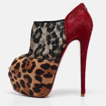 Pre Owned Christian Louboutin Multicolor Calf Hair and Lace Aeronotoc Booties Size 38.5