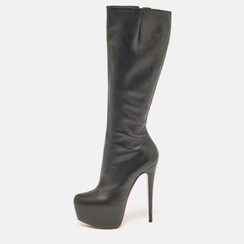 Pre Owned Christian Louboutin Black Leather Knee Length Boots Size 38.5