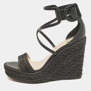 Pre Owned Christian Louboutin Black Snakeskin Embossed Leather Bodrum 110 Wedge Sandals Size 36