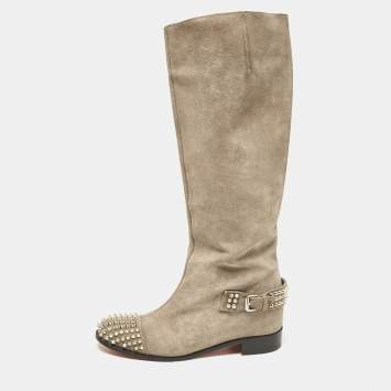 Pre Owned Christian Louboutin Grey Suede Egoutina Spikes Boots Size 40