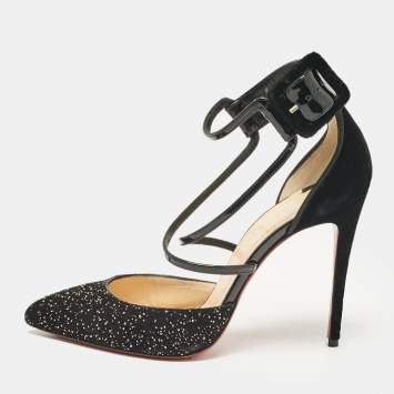Christian Louboutin Black Patent Leather and Suede Ankle Strap Sandals Size 38