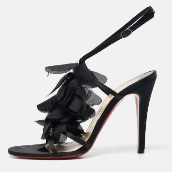 Pre Owned Christian Louboutin Black Satin Mount Street Ankle Strap Sandals Size 37.5