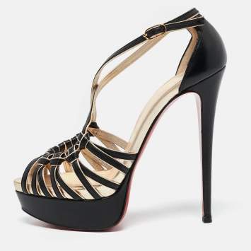 Pre Owned Christian Louboutin Black/Gold Leather 8 Mignons Sandals Size 38