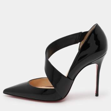 Pre Owned Christian Louboutin Black Patent Leather Opgrade Cross Strap Pumps Size 38