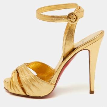 Pre Owned Christian Louboutin Gold Leather Platform Ankle Strap Sandals Size 37