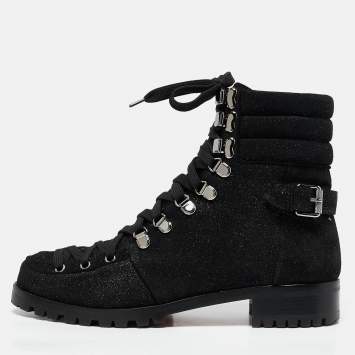 Pre Owned Christian Louboutin Black Shimmer Suede Crosta Star Army Boots Size 40.5