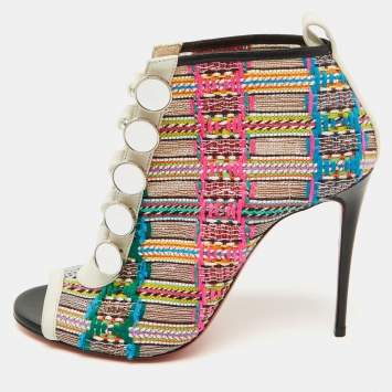 Pre Owned Christian Louboutin Multicolor Knit Fabric and Leather Ankle Length Boots Size 38