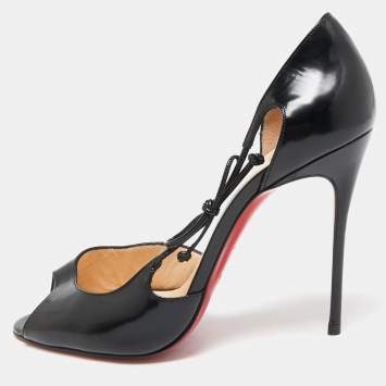 Pre Owned Christian Louboutin Black Leather Bow Detail Peep Toe Pumps Size 39