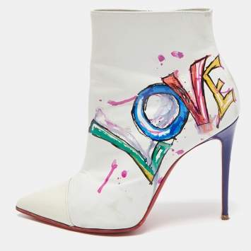 Pre Owned Christian Louboutin White Leather and Patent Leather In Love Ankle Length Boots Size 37