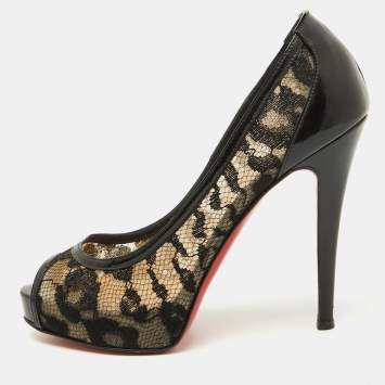 Pre Owned Christian Louboutin Black Lace Ambro Pizzo Peep Toe Platform Pumps Size 37.5