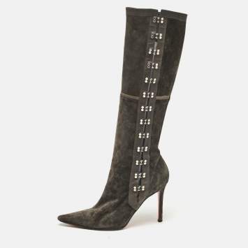 Christian Louboutin Grey Leather and Suede Knee Length Boots Size 37