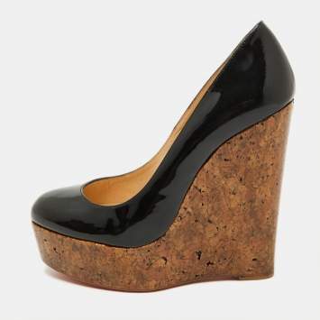 Pre Owned Christian Louboutin Black Patent Leather Cork Platform Wedge Pumps Size 36