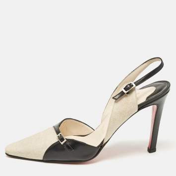Christian Louboutin Black/White Canvas and Leather Slingback Pumps Size 37