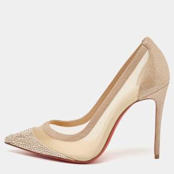 Pre Owned Christian Louboutin Beige Mesh and Suede Galativi Strass Pumps Size 36.5