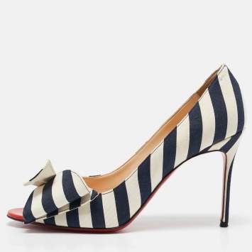Pre Owned Christian Louboutin Navy Blue/White Stripe Canvas Just Soon Pumps Size 42