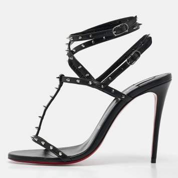 Pre Owned Christian Louboutin Black Leather Bombina Spikes Sandals Size 37