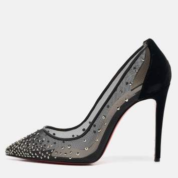 Pre Owned Christian Louboutin Black Mesh and Velvet Follies Strass Pumps Size 38.5