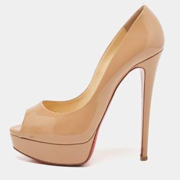 Pre Owned Christian Louboutin Beige Patent Leather Lady Peep Pumps Size 38.5