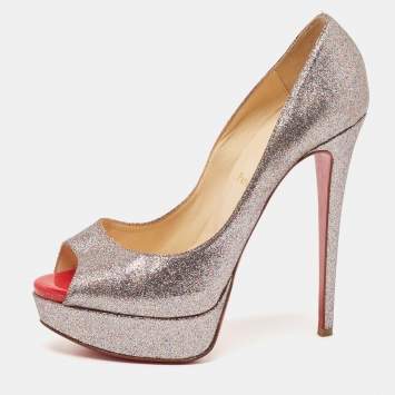 Pre Owned Christian Louboutin Metallic Glitter Lady Peep Toe Platform Pumps Size 38.5