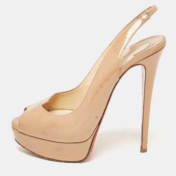 Pre Owned Christian Louboutin Beige Patent Leather Lady Peep Toe Slingback Pumps Size 38.5