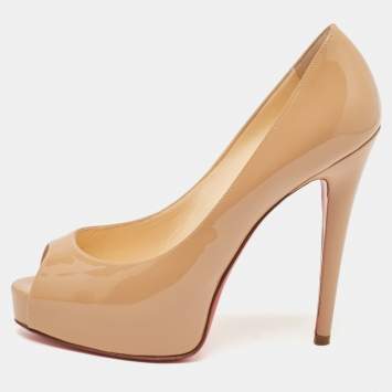 Pre Owned Christian Louboutin Beige Patent Leather Vendome Peep Toe Pumps Size 37